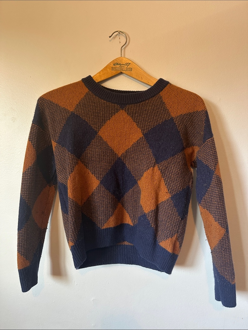 Madewell Wool Blend Argyle Knit Sweater Size S Academia Preppy Retro 90s Cozy - Picture 2 of 6